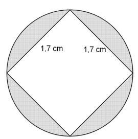 På figuren ser du et kvadrat innskrevet i en sirkel. Det skraverte området er det som er innenfor sirkelen, men utenfor kvadratet. Kvadratet har sidelengde 1,7 cm.